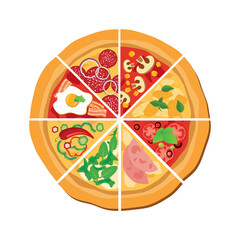 Different kinds of pizza slices icon vector. Whole pizza top view icon set. Pizza variations icon isolated on a white background. Slice of pizza vector
