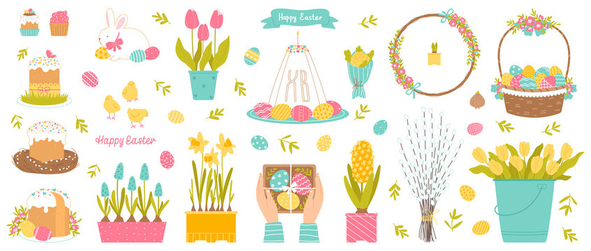 Happy Easter set. Easter holiday collection elements isolated on a white background. Spring color palette. Vector illustration in flat style.