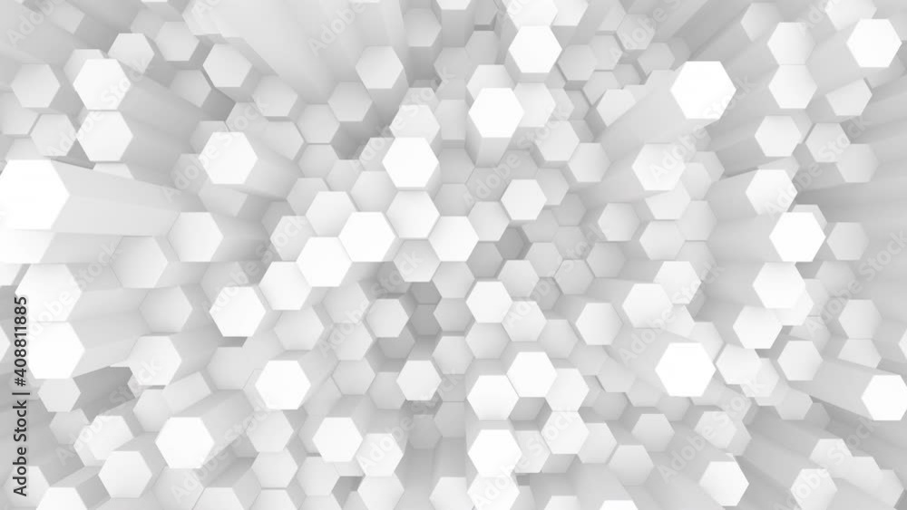 Poster abstract white background of moving hexagons. monochrome futuristic pattern in white, gray and black