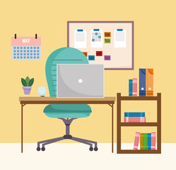 home office interior desktop workspace computer books calendar and notes in board