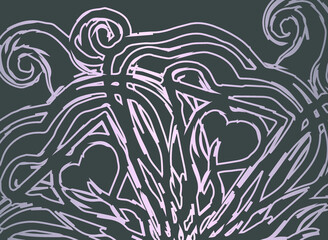 Pattern with pink abstract floral pattern on the dark grey background.