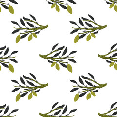 Isolated seamless pattern with exotic purple leaf branches and green lemon print on white background.