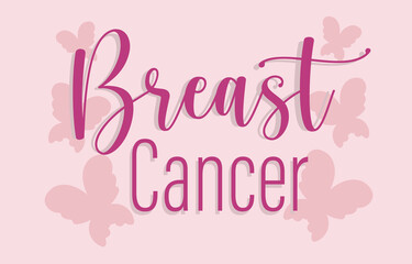 Breast cancer awareness lettering pink butterflies background