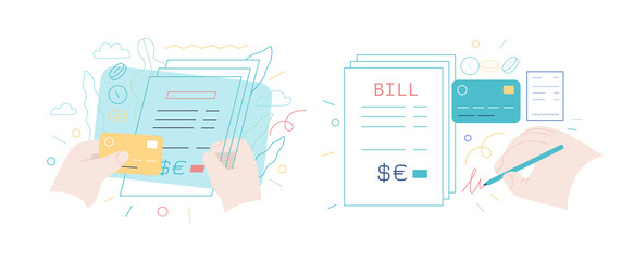 Medical insurance - hospital bills payment -modern flat vector concept digital illustration - patient signing a stack of invoices, holding a credit card, medical service metaphor