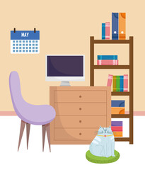 home office interior chair table computer calendar bookshelf and cat