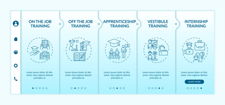Employee development methods onboarding vector template. Apprenticeship, vestibule training. Remote courses. Responsive mobile website with icons. Webpage walkthrough step screens. RGB color concept