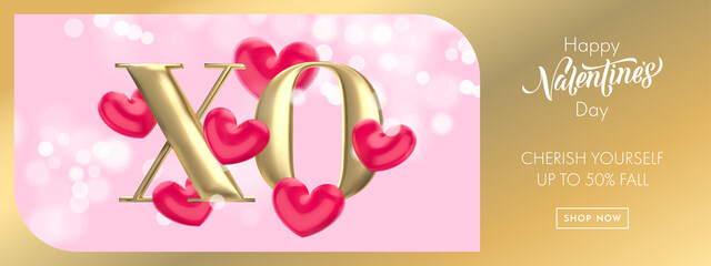 XO gold text for Valentine's day sale banner background. Hugs and Kisses concept of Valentines day with red heart balloon on pink bokeh background. Web site banner or greeting card.