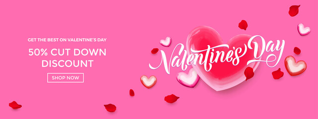Valentines day sale web banner of valentine red heart balloon on pink background. Vector Valentines day sale text for holiday shop discount promo design template.