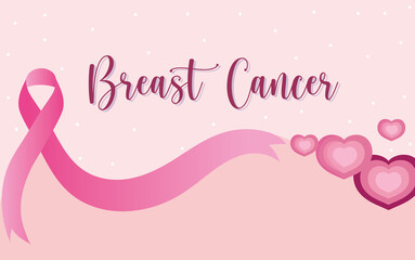 Breast cancer handwritten text pink ribbon hearts banner