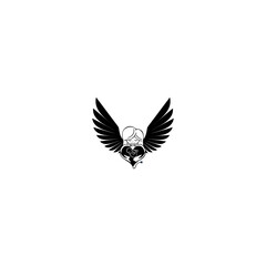 Mother with angel wing holds a small child in her arms. mama love baby kids, guardian mom