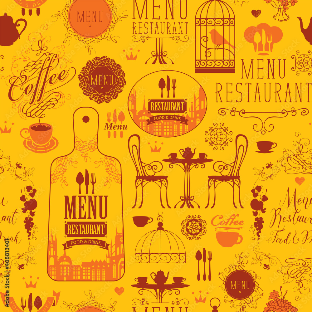 Poster seamless pattern on the theme of restaurant or cafe menu in retro style. decorative vector backgroun