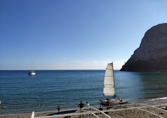 Yacht in the bay off the Black Sea coast of the Crimean peninsula.