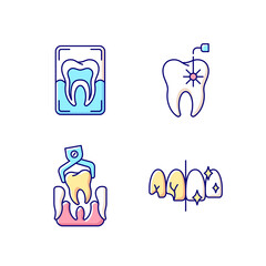 Dental practice RGB color icons set. Instruments for dental treatment. Dental x-ray. Professional stomatology occupation. Dentistry. Dental implants procedure. Isolated vector illustrations