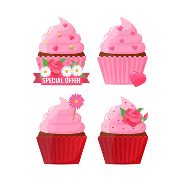 Set of festively decorated cupcakes ith flowers and hearts. Baking, homemade cake icons for celebration. Vector image for cafe, bar, cooking, restaurant.