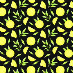 Vector seamless pattern with lemon slices and green leaves on black color; fruity background for wrapping paper, fabric, textile, packaging. - 408814429