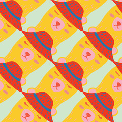 Doodle seamless pattern with hand drawn yellow bear heads in red panamas. Light background.