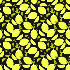 Vector seamless pattern with lemon slices on black color; fruity background for wrapping paper, fabric, textile, packaging. - 408814494