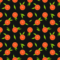 Vector seamless pattern with round orange slices and green leaves on black color; fruity background for wrapping paper, fabric, textile, packaging. - 408814634
