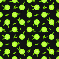 Vector seamless pattern with round lime slices and green leaves on black color; fruity background for wrapping paper, fabric, textile, packaging. - 408814696