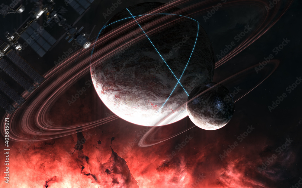 Wall mural incredibly beautiful space landscape. glowing structures on surface of planet with rings. space stat