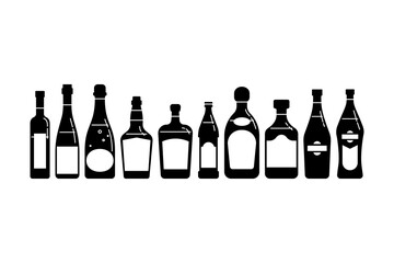 Bottle vodka red wine champagne whiskey liquor beer tequila rum martini in silhouette style. Restaurant beverage alcoholic illustration for celebration design. Set design element in row