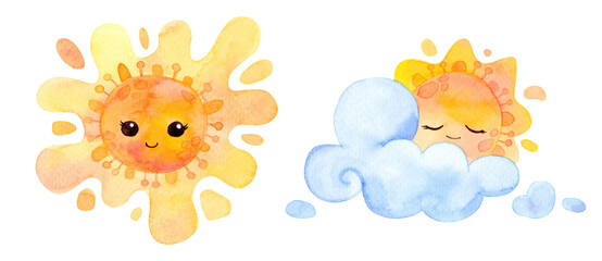 Fototapeta na wymiar Watercolor illustration. Clouds, sun. Cartoon weather isolated on white background.
