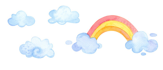 Watercolor illustration. Clouds, rainbow. Cartoon weather isolated on white background.