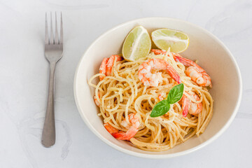 Pasta with Shrimp in a Bowl Top View Close Up Photo