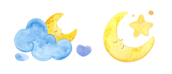 Watercolor illustration. Clouds, moon, star. Cartoon weather isolated on white background.