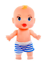 Toy doll in striped pants on a white background isolated