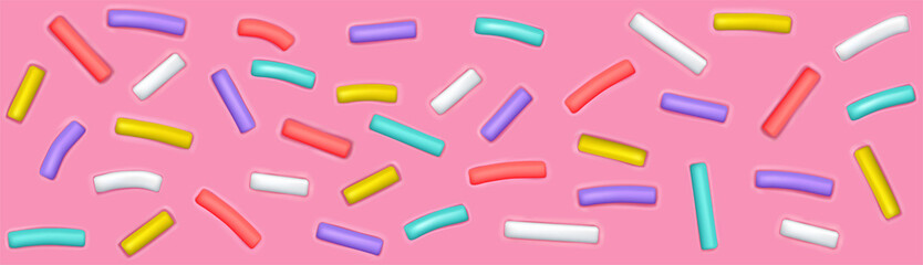 Doughnut glaze border with sprinkles. Sweet pink donut cream. Seamless pattern. 3d realistic vector illustration isolated on white.