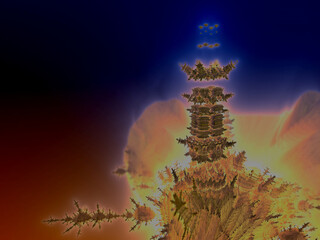 The floating tower on an alien planet, fantasy. 3D graphic of a Mandelbulb fractal, JPEG graphic.