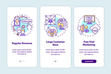 SaaS benefits for developers onboarding mobile app page screen with concepts. Regular revenue, customer base walkthrough 3 steps graphic instructions. UI vector template with RGB color illustrations
