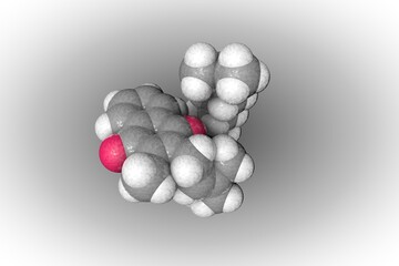 Molecular structure of phylloquinone or vitamin K1. Atoms are represented as spheres with conventional color coding: carbon (grey), oxygen (red), hydrogen (white). 3d illustration
