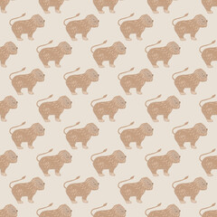 Pastel palette seamless pattern with funny beige lions print. Light grey background. Cute kids print.