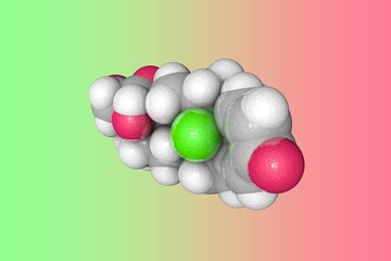 Molecular model of betamethasone. Atoms are represented as spheres with color coding: carbon (grey), oxygen (red), hydrogen (white), fluorine (green). Scientific background. 3d illustration