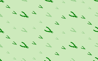 Seamless pattern of large and small green pliers symbols. The elements are arranged in a wavy. Vector illustration on light green background