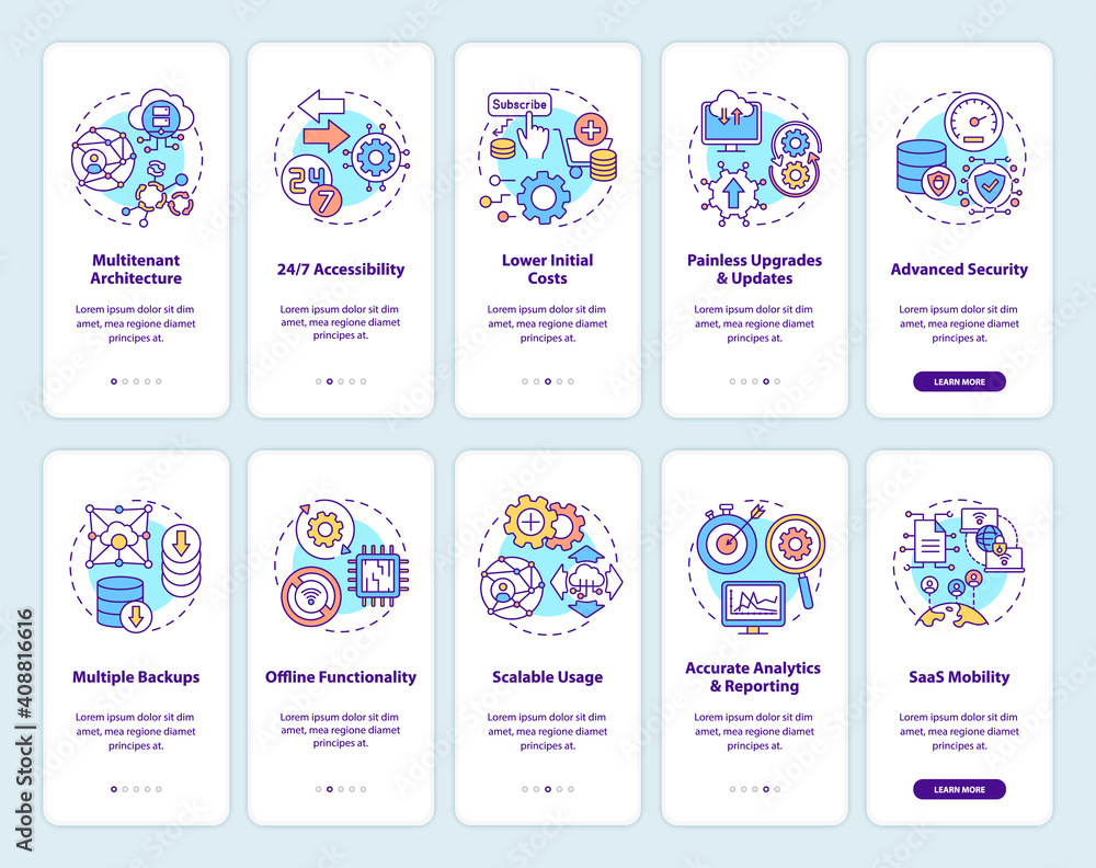 Poster software as service strong points onboarding mobile app page screen with concepts set. accessibility