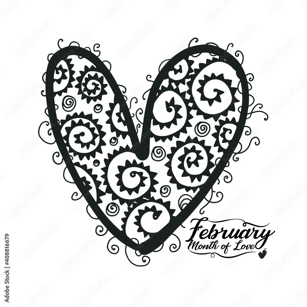 Wall mural heart vector for your valentine day or another special day, black and white floral heart pattern.