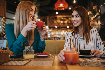 Two best friends sitting in coffee bar or restaurant after shopping and happily talking together.