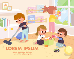 Children tidy up playroom doing household chores. Boy vacuuming, cleaning floor with vacuum cleaner. Girl cleaning washing window with rag and cleanser spray. Kids put toys back in the toybox.