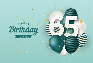 Happy 65th birthday with green balloons greeting card background. 65 years anniversary. 65th celebrating with confetti. Vector stock