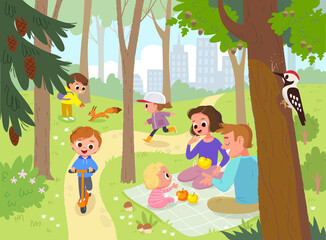 Obraz na płótnie Canvas Vector. Family and children walking, spend time, having fun, together outdoors in park on green lawn,having picnic,sitting on blanket,having quality time together. Leisure activities,active recreation