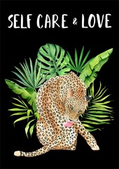 Obraz na płótnie Canvas Tropical self care and love cat. Cheetah on leaves of monstera, palm, banana on black. Beautiful poster for her or fot him.