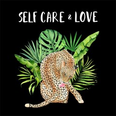 Fototapeta na wymiar Tropical self care and love cat. Cheetah on leaves of monstera, palm, banana on black. Beautiful poster for her or fot him.