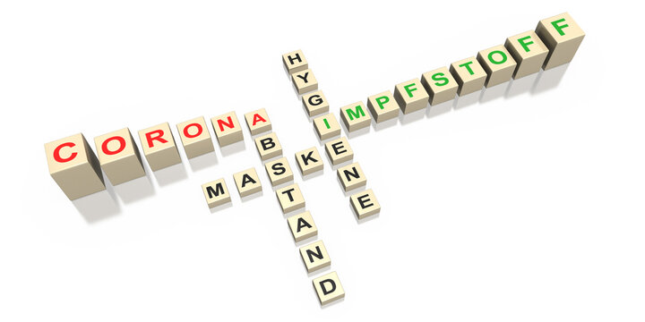 3d scabble Corona mit AHA Regeln und Impfstoff, isoliert