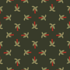 Geometric abstract nature seamless pattern with simple palm tree silhouetes. Green olive background.