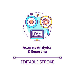 Accurate analytics and reporting concept icon. Forecasting business growth idea thin line illustration. Marketing efforts improvement. Vector isolated outline RGB color drawing. Editable stroke