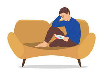 Man sitting on the sofa at home and correspondence surfing the Internet. Male character communicating through network on the tablet. Social media network communication digital gadget addiction