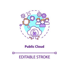 Public cloud concept icon. SaaS deployment model idea thin line illustration. Providing cloud resources. Testing, development environments. Vector isolated outline RGB color drawing. Editable stroke